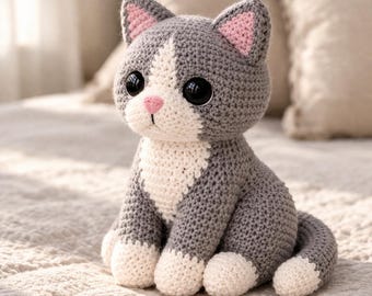 Patrón de ganchillo de gato gris sentado, juguete de peluche amigurumi de gatito en PDF, términos estadounidenses