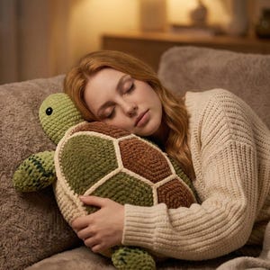 Może przedstawiać: Szydełkowa poduszka w kształcie żółwia w odcieniach zieleni, brązu i kremu. Poduszka jest trzymana przez osobę w kremowym swetrze. Poduszka żółwia ma geometryczny wzór na skorupie.