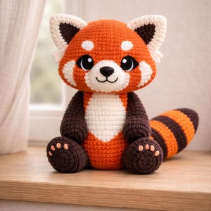 以下が含まれることがあります： 手作りの編みぐるみレッサーパンダのぬいぐるみ。オレンジ、茶色、白の糸を使用。丸い頭、黒い目、縞模様の尾が特徴です。木製の表面に座っています。高さは約20cmです。
