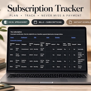 May include: A laptop screen displaying a Subscription Tracker spreadsheet with columns for expense ID, service, category, fee, frequency, and due date. The text reads Subscription Tracker, Plan, Track, Never Miss A Payment, Excel Spreadsheet, Bills + Subscriptions, and Instant Download.