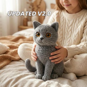 Modèle de crochet Amigurumi Cat V2.0 | Peluche chaton gris aux yeux ambrés (Modèles de tricot)