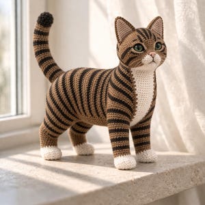 May include: A crocheted cat figurine with brown and black stripes, white paws, and a white chest. The cat has green eyes and a striped tail. The handmade cat is standing on a stone surface near a window.