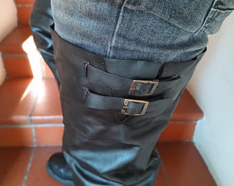 Tall Black Leather Biker Boots - Buckle Strap Detail (Size 10 USA / 43 EU)