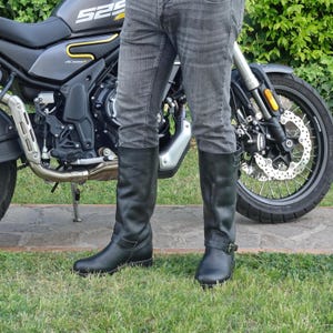Knee-High Leather Biker Boots: Black Round Toe, Lug Sole (EU 44/ US 11)