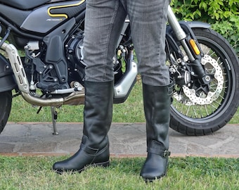 Knee-High Leather Biker Boots: Black Round Toe, Lug Sole (EU 44/ US 11)