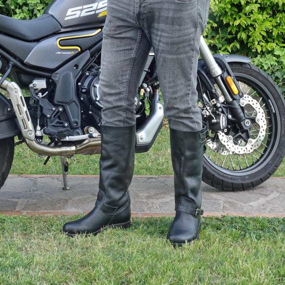Mens Handmade Leather Biker Boots, Tall Motorcycle Boots, Knee High Cowhide Riding Boots, Buckle Country Boots Gift for Him