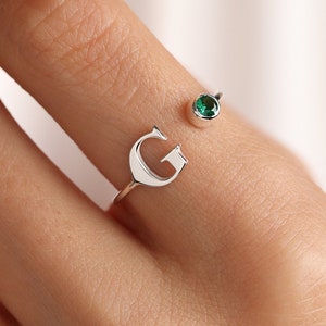Personalized Birthstone Ring: Sterling Silver Initial Ring, Mother&#39;s Gift