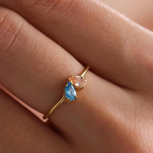 Anello con pietra portafortuna in oro massiccio 14K, anello con 2 pietre portafortuna in oro massiccio, anello impilabile delicato da donna, gioielli personalizzati, regalo fatto a mano per lei