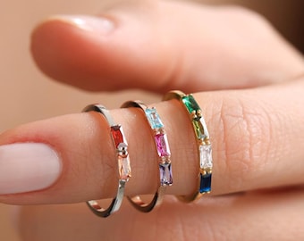 Baguette Birthstone Ring, Family Birthstone Ring, Multi Birthstone Rings, Birthstone Jewelry,Mother's Day Gift, Stackable Ring, Gift For Mom