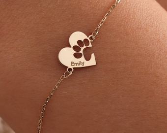 Braccialetto con impronta di zampa, Braccialetto con zampa di cane/gatto, Braccialetto con zampa a forma di cuore, Braccialetto personalizzato per animali domestici, Gioielli con nome dell'animale domestico • Regalo per amanti degli animali • Regalo per la mamma