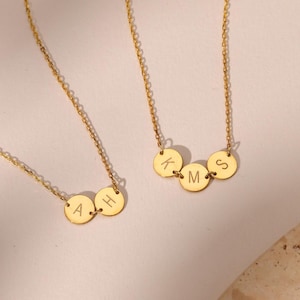 14K Gold Initial Discs Necklace, Tiny Disc Necklace, Monogram  Necklace, Kids Initials Jewellery,Custom Coin Necklace, Birthday Gift for Her