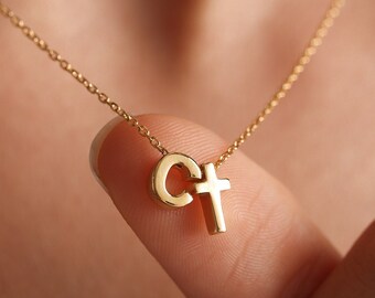 Cross Letter Necklace,Custom gold Letter Necklace,14k Gold Necklace,Mini Cross Necklace,Inıtıal Necklace,Gift For Her,Mother's day gift