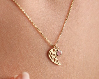 Colar com Asa de Anjo com Pedra do Nascimento, Colar de Simpatia com Pedra do Nascimento, Presente Memorial, Anjo da Guarda, Joia para Aborto Espontâneo, Joia para Perda de Bebê, Presente para Ela