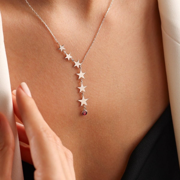 Star Drop Necklace, Personalized Necklace,Birthstone Necklace,Y Shape Drop Star Necklace,Star Lariat Necklace,Mother's day gift,Gift For Her