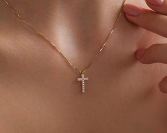 Silberne Kreuz-Halskette, Diamant-Kreuz-Halskette, Kreuz-Halskette mit Box-Kette, 14k Gold Diamant-Kreuz, Taufe Geschenk