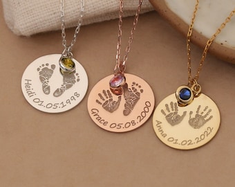Personalized Baby Footprint Necklace with Birthstone,Name Necklace,Baby Handprint Necklace, Stillborn,Gift for New Mom,Mother's day gift