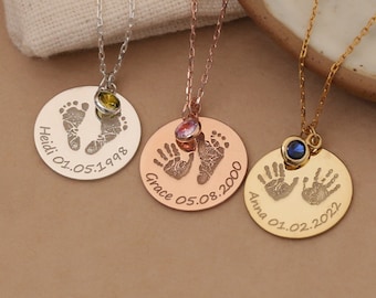 Personalized Baby Footprint Necklace with Birthstone,Name Necklace,Baby Handprint Necklace, Stillborn,Gift for New Mom,Mother's day gift