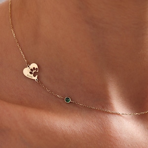 Engraved Paw Print Necklace,Heart Shaped Paw Necklace,Birthstone Necklace,Pet Memorial Jewelry,Minimalist Paw Necklace,Gift For Dog Mom