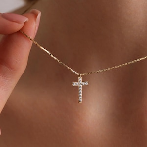 Diamond Cross Necklace for Women ,Cross Necklace with Box Chain,14k Gold Diamond Cross,Baptism Gift,Gift For Her,Gift For Mom