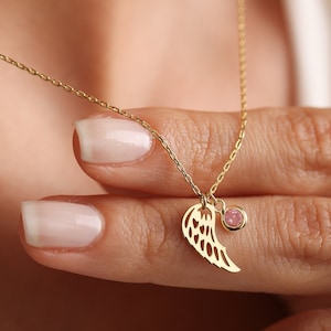 Angel Wing Necklace,Birthstone Angel Wing Necklace,Miscarriage Necklace,Guardian Angel,Memorial Necklace,14k Gold Necklace,Memorial Gift