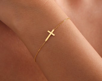 14K Gold Kreuz Armband - Zierlicher Kreuz Schmuck - Mini Cross Armband - Kreuz Armband für Frauen, Christliche Geschenke für Frauen - Kommunion Geschenk
