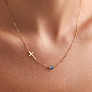 Seitlich Kreuz Halskette mit Geburtsstein, zierliche Goldkreuz Halskette, kleine Kreuz Halskette, Konfirmationsgeschenk, Taufgeschenk, Weihnachtsgeschenk