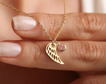 Angel Wing Necklace,Birthstone Angel Wing Necklace,Guardian Angel,Memorial Necklace,Miscarriage Necklace,14k Gold Necklace,Mother's day gift