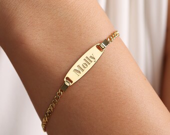 Custom Engraved Curb Chain Bracelet,Bar Gold Bracelet,Personalized Bar Name Bracelet,Dainty Stackable Bracelet,Gift for mom,Christmas Gift,