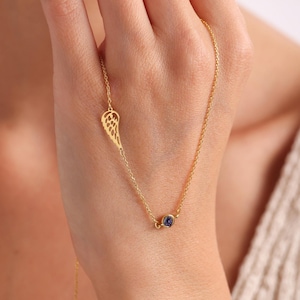 14k Gold Angel Wing Necklace: Birthstone Memorial Gift, Baby Loss Necklace image 1