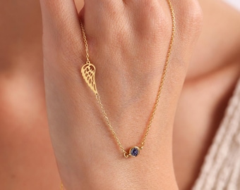 Collar de ala de ángel de oro de 14k: Regalo conmemorativo con piedra natal, collar para la pérdida de un bebé