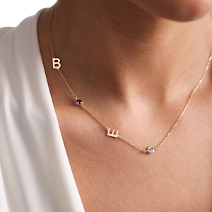Sideway Initial Birthstone Necklace, Dainty Letter Necklace, Personalized Necklace, Minimalist Necklace, Birthday Gifts, Gift For Her