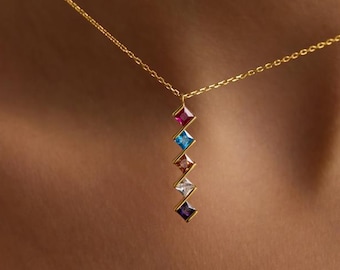 14K Gold Family Birthstone Necklace, 925 Sterling Silver Necklace,  Christmas Gift For Mom