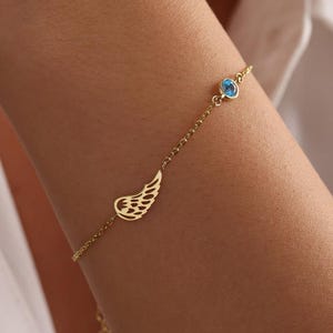 Angel wing Bracelet, Custom Birthstone Gift for Her, Guardian Angel, Dainty Sentimental Memorial Jewelry, Loss of Loved One