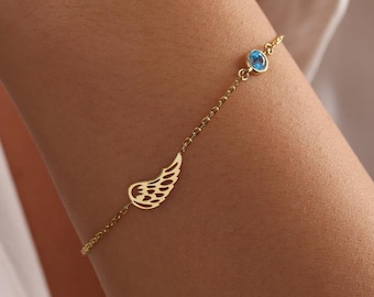 Angel wing Bracelet, Custom Birthstone Gift for Her, Guardian Angel, Dainty Sentimental Memorial Jewelry, Loss of Loved One