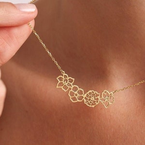 14K Gold Birth Flower Necklace, 925 Silver Birth Flower Necklace, Mothers Necklace, Birth flower Family Gift, Christmas Gift for Mom