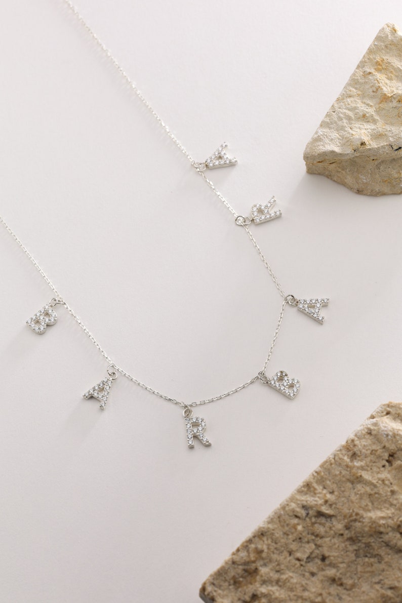 Custom Pave Inıtıal Name Necklace,Silver Necklace,Custom Spaced Letters Necklace Cz Diamond,Gold Name Necklace, Gift for Mom,Gift for her image 3