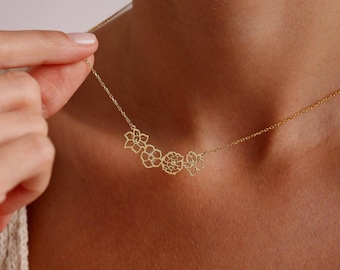 14K Gold Birth Flower Bouquet Necklace, Personalized Family Jewelry, Mother's Day Jewelry