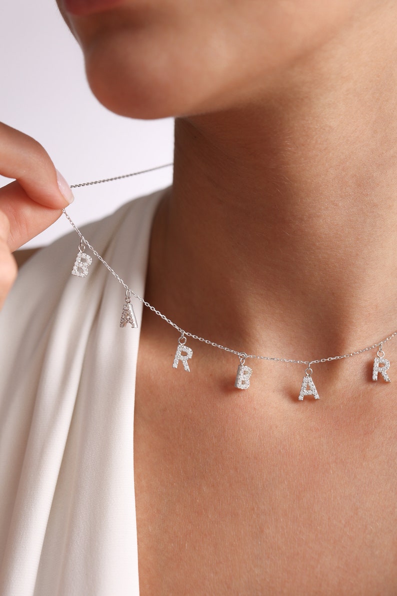 Custom Pave Inıtıal Name Necklace,Silver Necklace,Custom Spaced Letters Necklace Cz Diamond,Gold Name Necklace, Gift for Mom,Gift for her image 5