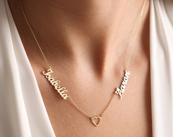 Two Name Necklace with Heart, Gold Name Necklace, Dainty Name Necklace, Personalized Jewelry, Mothers Day Gift,Multiple Name Heart Necklace