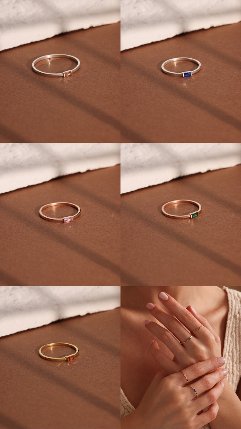 Anillo de piedra de nacimiento baguette, anillo de piedra de nacimiento de traje, anillo personalizado, anillo de oro de 14K, anillo apilable, anillo diario, regalo de dama de honor, regalo del día de la madre imagen 6