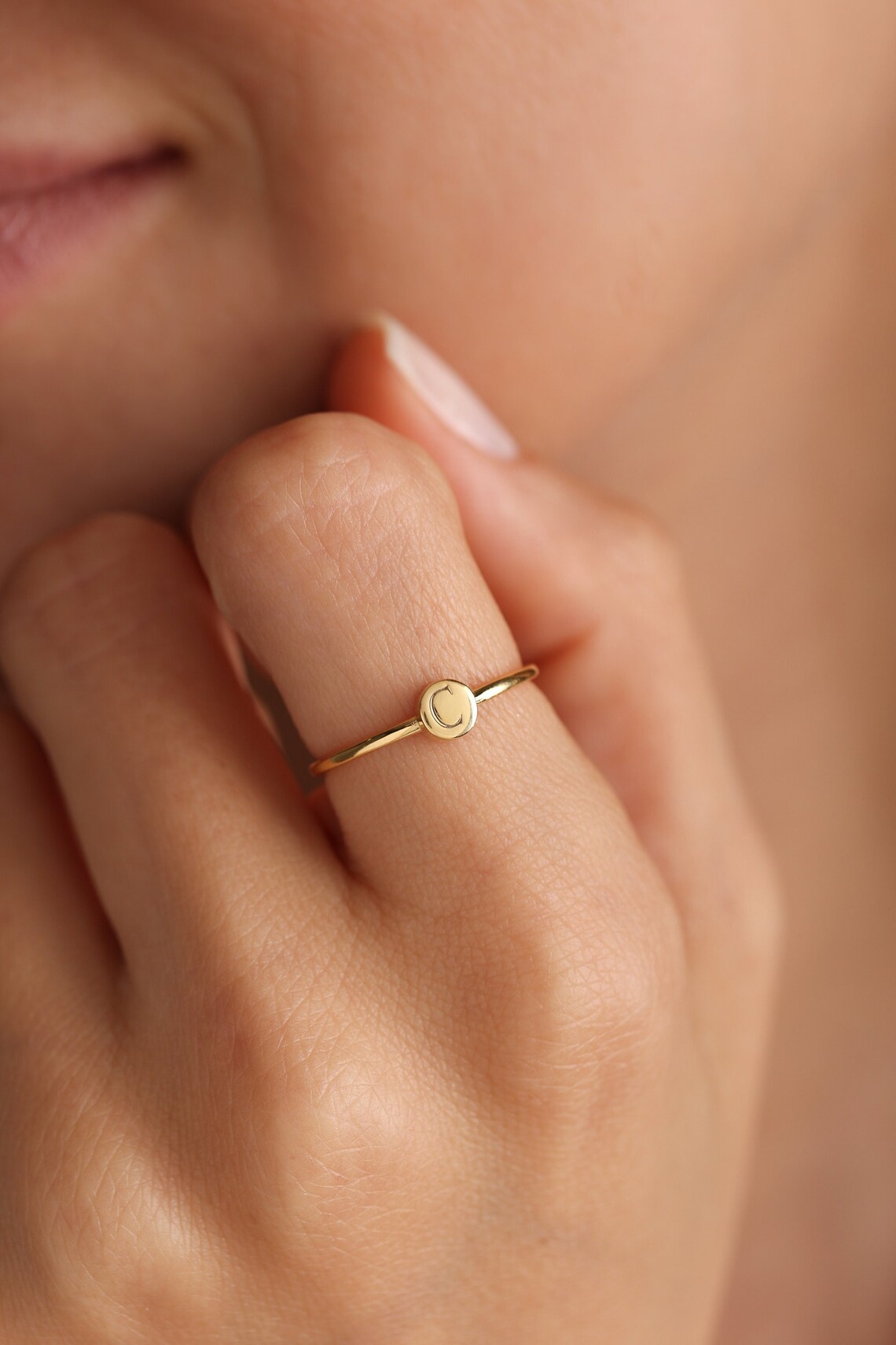 Dainty Engraved Initial Signet Ring: Personalized Sterling Silver Pinky ...