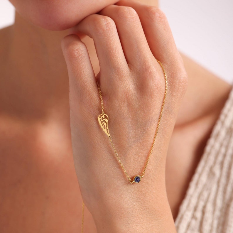 14k Gold Angel Wing Necklace: Birthstone Memorial Gift, Baby Loss Necklace image 1