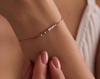 Pulsera de piedra natal de oro de 14 quilates, pulsera de piedra natal de talla baguette, regalo de graduación, regalo de cumpleaños, regalo de abuela para mamá, regalo de Navidad para ella