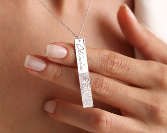 Actual Fingerprint with Real Handwriting Necklace•Memorial Fingerprint Jewelry  •Vertical Bar Handwriting Necklace • Gift for Her Grandma