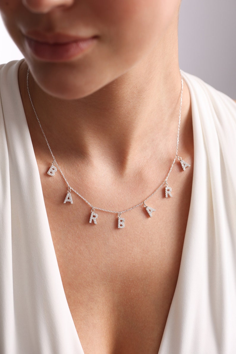 Custom Pave Inıtıal Name Necklace,Silver Necklace,Custom Spaced Letters Necklace Cz Diamond,Gold Name Necklace, Gift for Mom,Gift for her image 1