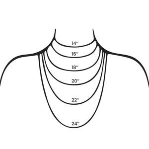 May include: A diagram showing different necklace lengths, from 14 inches to 24 inches.