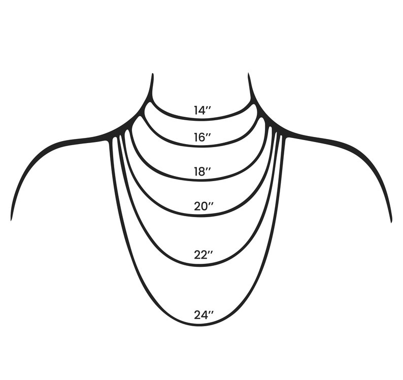 May include: A diagram showing different necklace lengths, from 14 inches to 24 inches.