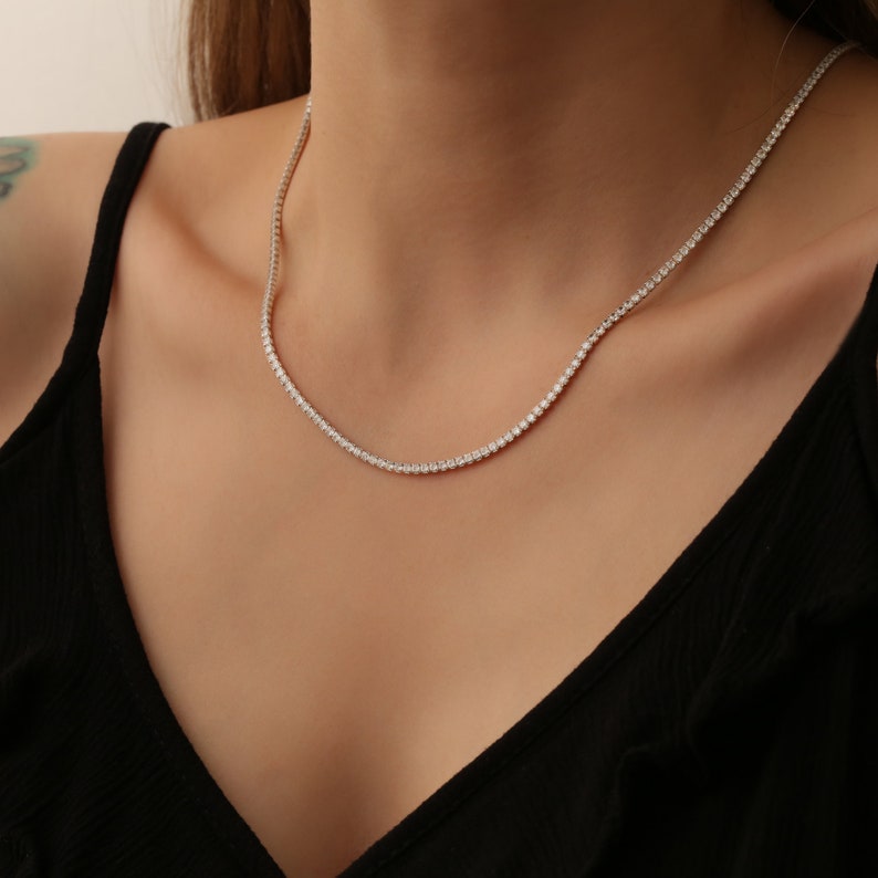 Sterling Silver Tennis Choker Necklace, Layering Tennis Necklace,Diamond Tennis Necklace,Pave Chain Necklace,Bridesmaid Gift,Gift For Her image 1