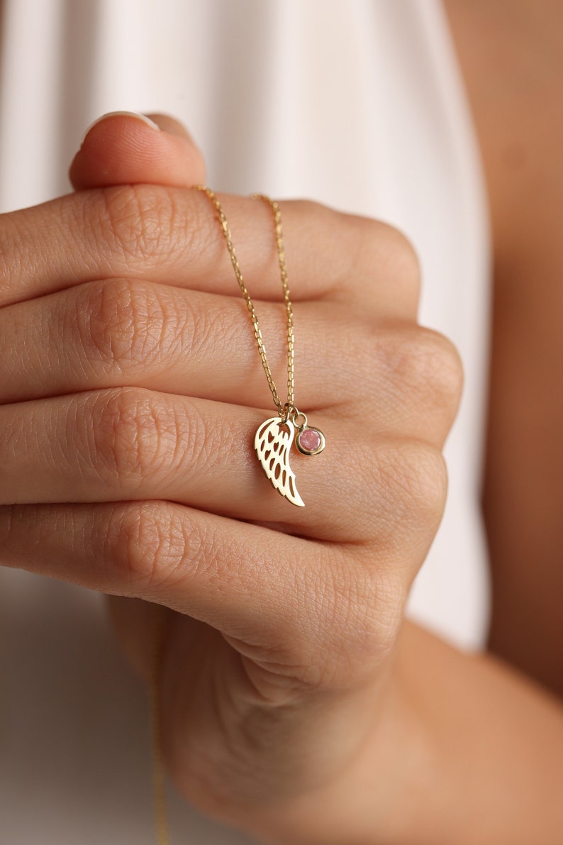 Angel Wing Necklace,Birthstone Angel Wing Necklace,Guardian Angel,Memorial Necklace,Miscarriage Necklace,14k Gold Necklace,Mother's day gift image 2