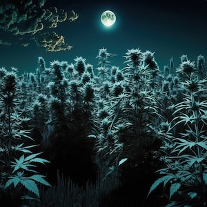Könnte beinhalten: Ein Feld mit Cannabispflanzen, die unter einem Vollmond in der Nacht wachsen. Die Pflanzen sind hoch und üppig, mit großen Blättern. Der Mond ist hell und weiß und wirft einen sanften Schein auf die Szene.